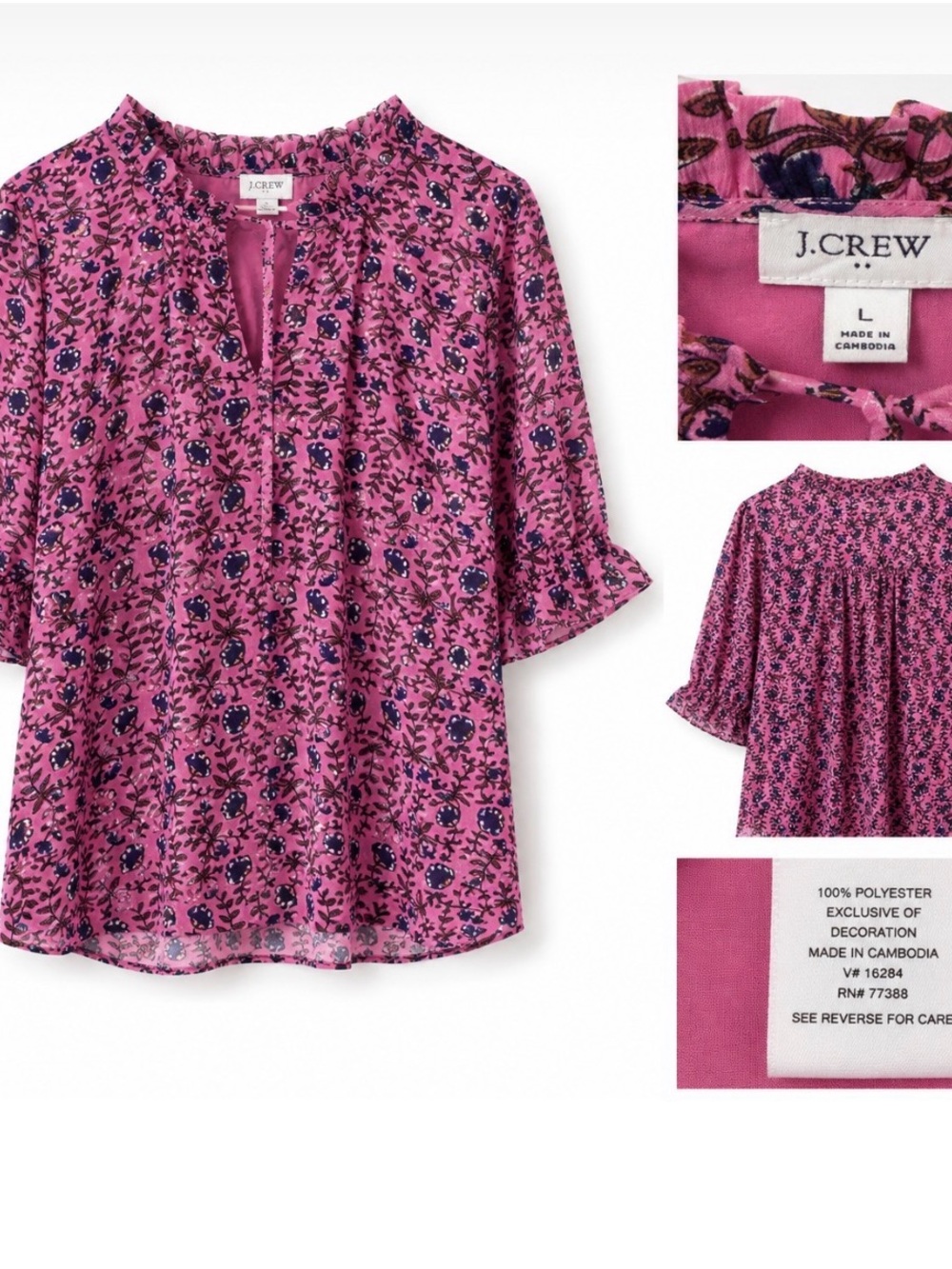 J. Crew Pink Floral Split-Neck Tunic